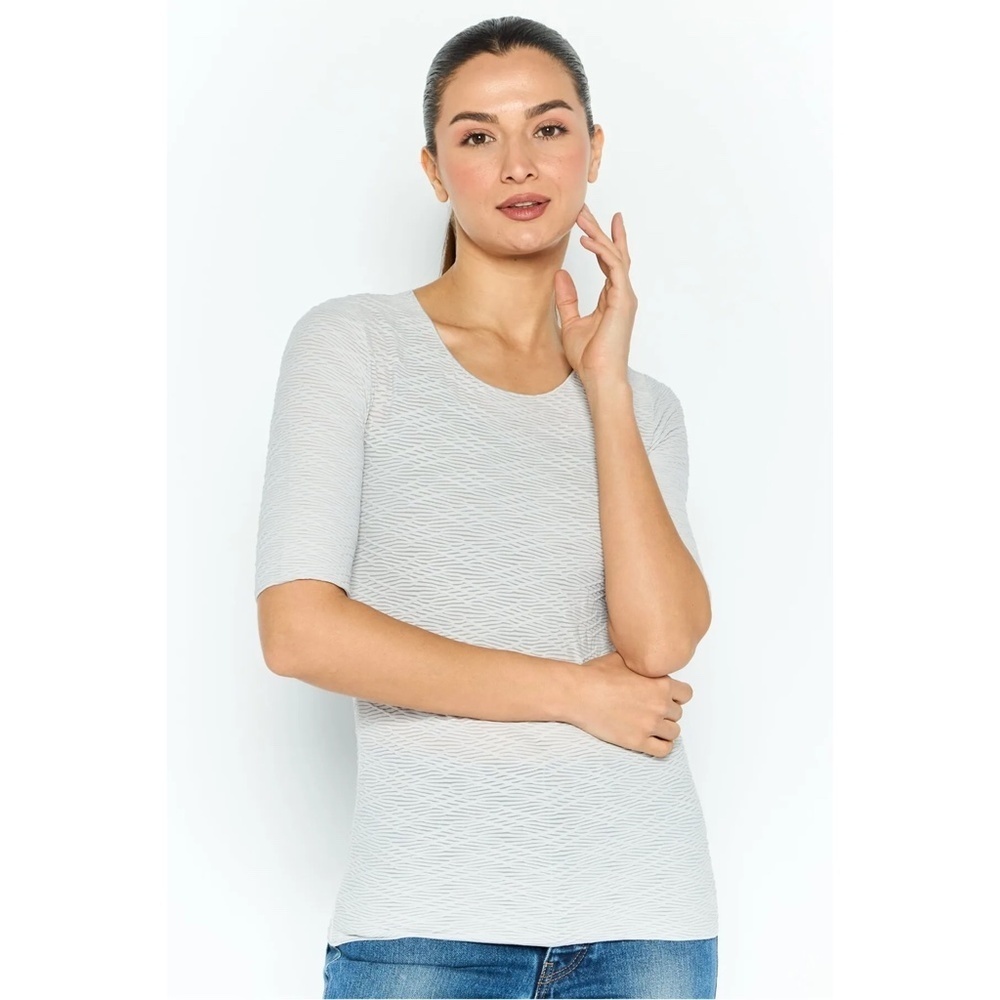 EMPORIO ARMANI | Round Neck 3/4 Sleeve Textured Woven Top in Grey | Size US 6